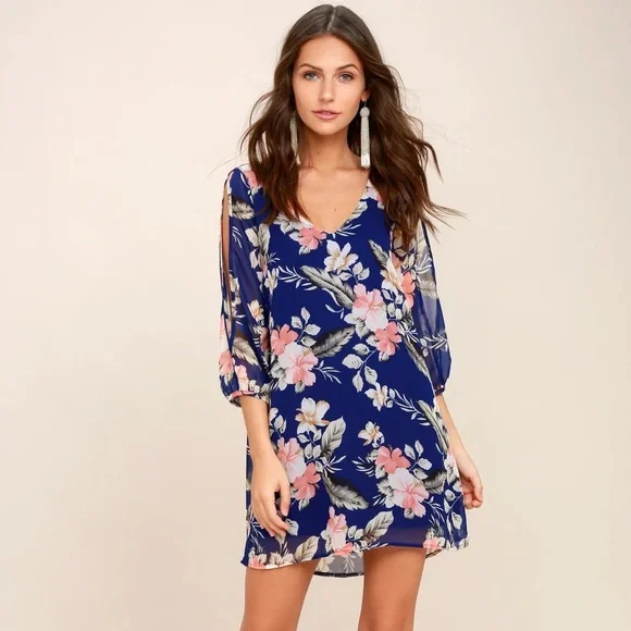 shifting dears long sleeve dress Lulus | Shifting Dears Royal Blue Floral Print Long Sleeve Dress | Size Medium